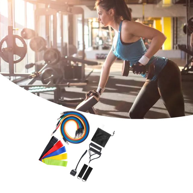 Tirette D\'entraînement Physique, Ensemble de 16 Bandes de Tube d'Exercice Bandes de Tube de Résistance Empilables Bande de Résistance Testée Professionnellement. l'Ensemble Comprend 5 Cordes de tension, 5 Bandes de tension de Diverses Couleurs, 2 Sangles, 2 Poignées, 1 Boucle de Porte et 1 Sac en Tissu. Fabriqué en Matériau TPE durable, Ces Bandes Sont Légères, Portatives et Convenant à l'Entraînement des Bras, des Jambes, des Hanches et de l'Abdomen. l'Image Montre les Bandes de Résistance et les Accessoires Exposés dans un Cadre de gym avec une Personne Qui Fait de l'Entraînement