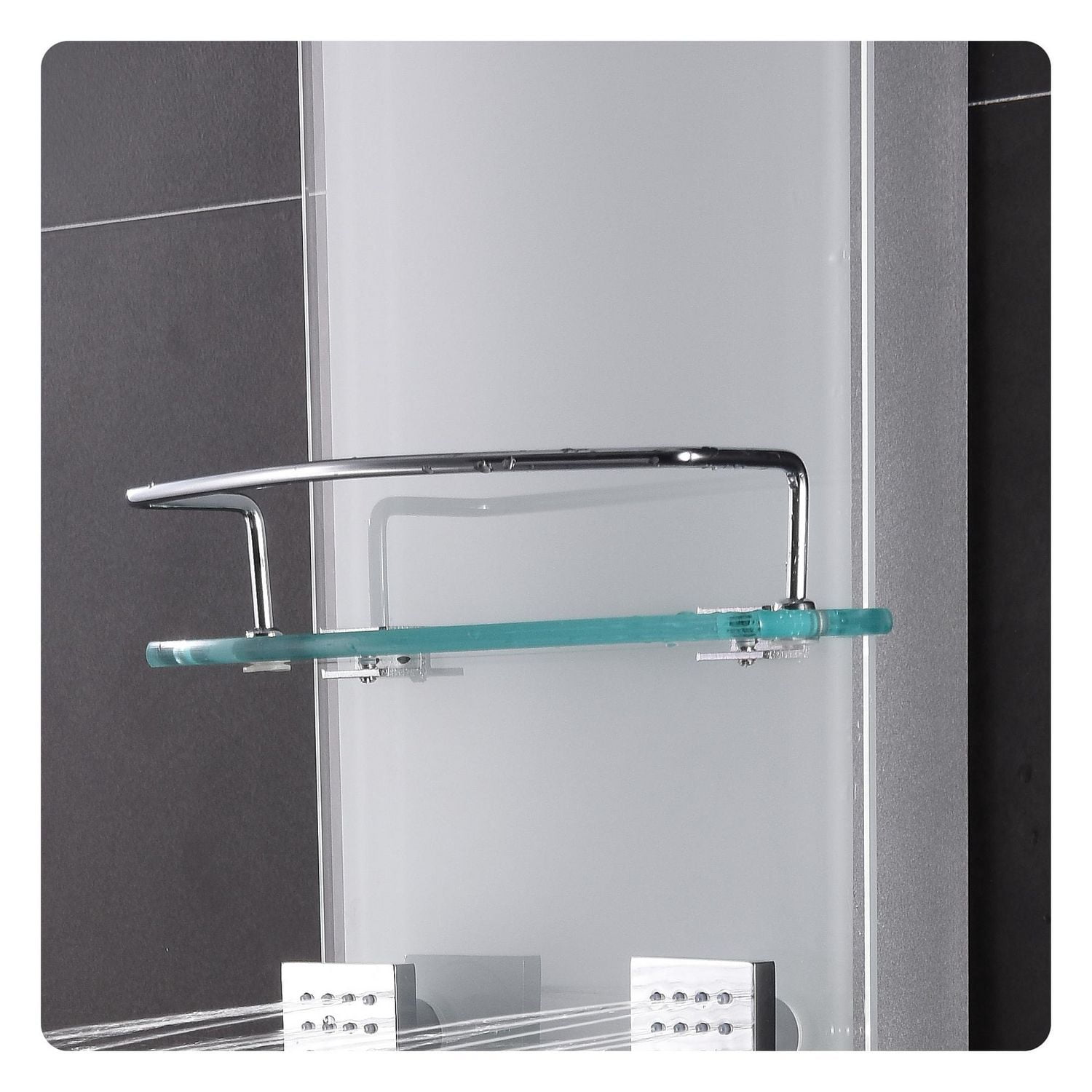 The akuaplus® ZARA stainless steel and glass shower panel with thermostatic cartridge and 3-way diverter, 6 body jets oriental, plus 1 shelf.