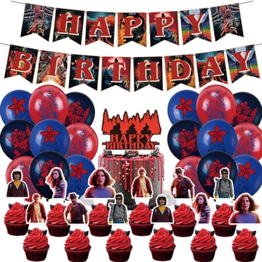 Ensemble de 32 Pcs pour Décorations d'Anniversaire à Thème Stranger Cartoon For Things et Cadeaux de Fête Comprenant Bannière, Cake Topper, 12 Cupcake Toppers et 18 Ballons pour Événements de Célébration