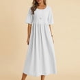thumbnail image 1 of Meichang Robes Midi d'Été en Coton et Lin pour Femmes 2024, Robes Tuniques de Vacances, Unies, Col Ras du Cou, Manches Courtes, Robes Décontractées Évasées pour le Travail, Blanc P, 1 of 6