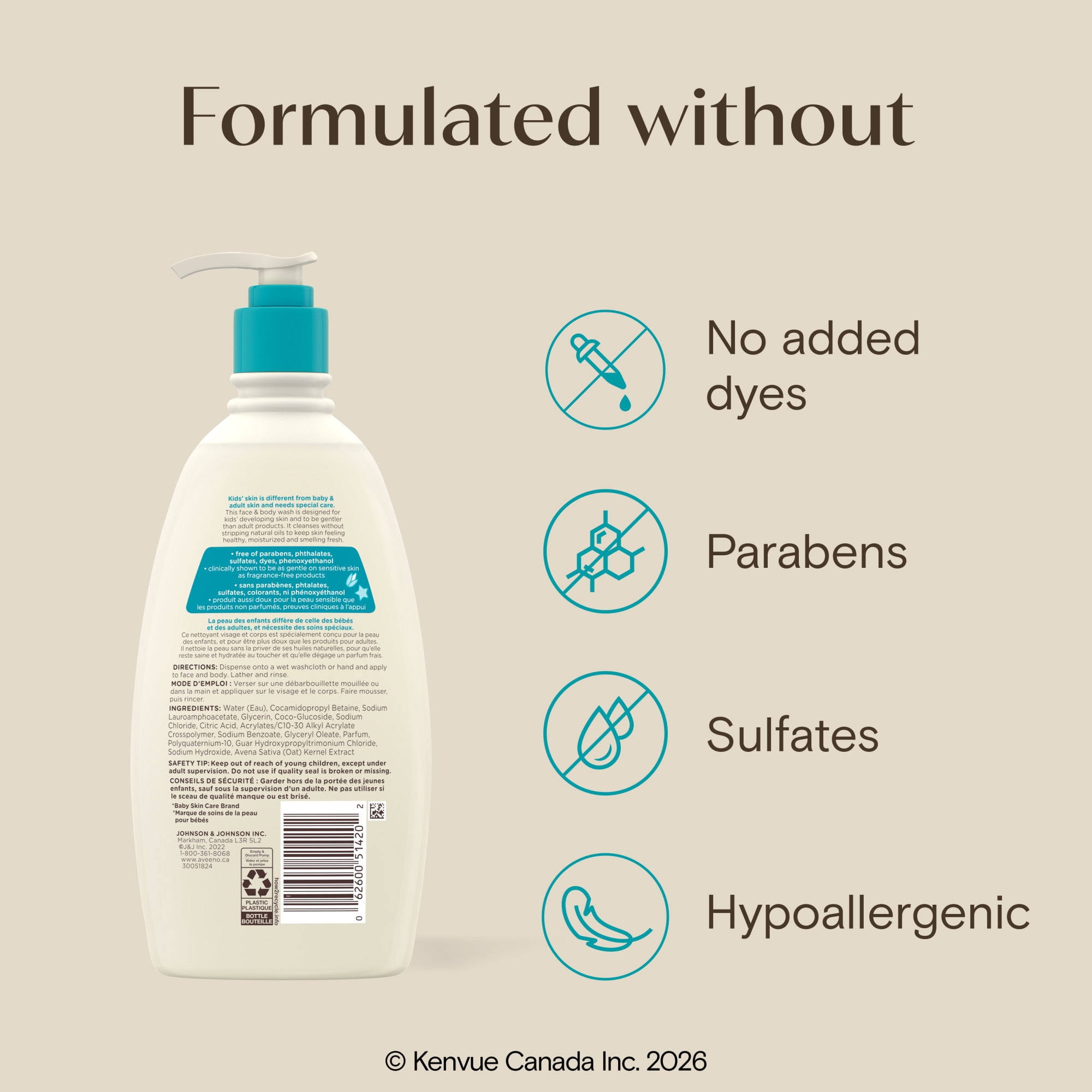 Aveeno Kids Sensitive Skin Face & Body Wash, Formulated with Nourishing Oat Extract to Wash Away Dirt and Germs Without Drying, Kids Body Wash is Tear-Free, Hypoallergenic, Sulfate- & Dye-Free, 532mL
