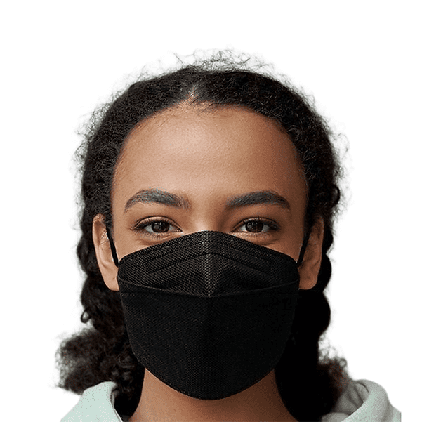 Respirator CA N95 Flat Fold Medium by Canadamasq, shown worn by an individual. This disposable face mask features a flat-fold design for portability and a 3-layer filtration system that filters at least 95% of airborne particles. It includes a flexible nose bridge for a secure fit and is latex, graphene-free, and hypoallergenic. Suitable for medical and non-medical use, it measures 7.8 x 3.14 inches (199 x 80 mm) and is made in Canada. Sold in packs of 10.