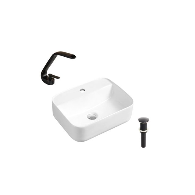 DROP Bath and Kitchen DR091309 Bathroom Vessel Sink Set with a rectangular white ceramic vessel sink featuring a glossy finish, paired with a black single-hole faucet and black drain, designed for above-counter installation in kitchen or bathroom renovations.