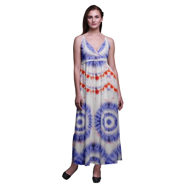 Bimba Robe Longue Maxi Bohème à Bretelles Sans Manches Imprimée Teinture sur Nœuds pour Femme - Petit
