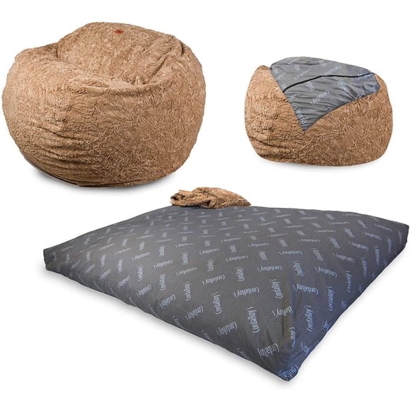 CordaRoy's Faux Fur Bean Bag Chair, Convertible Chair Folds from Bean Bag to Bed, As Seen on Shark Tank, Tan - Queen Size