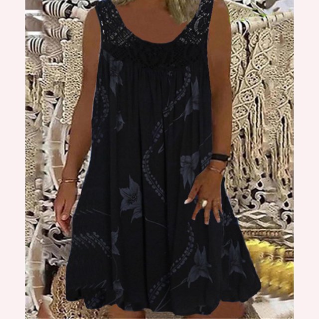 Mefallenssiah Women'S Spring/Summer Round Neck Lace Patchwork Printed Loose Sleeveless Dress