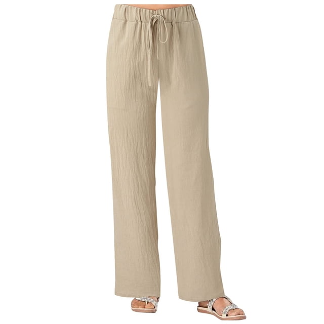 Timegard Cotton Linen Pants for Women Elastic Waisted Drawstring Straight Leg Lightweight Lounge Trousers