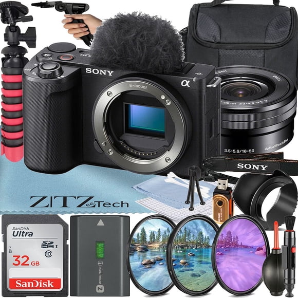 Sony ZV-E10 II Mirrorless Camera (Black) with 16-50mm Lens + SanDisk 32GB Card + Case + 3 Pieces Filter + ZeeTech Accessory Bundle