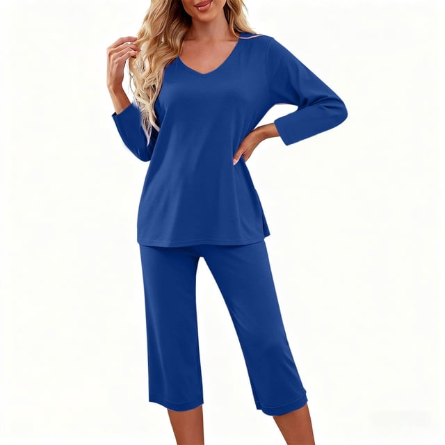 Ailaofu Ensembles de Pyjama Capri pour Femmes, Manches Courtes, Deux Pièces, Hauts à Col en V et Pantalons Capri