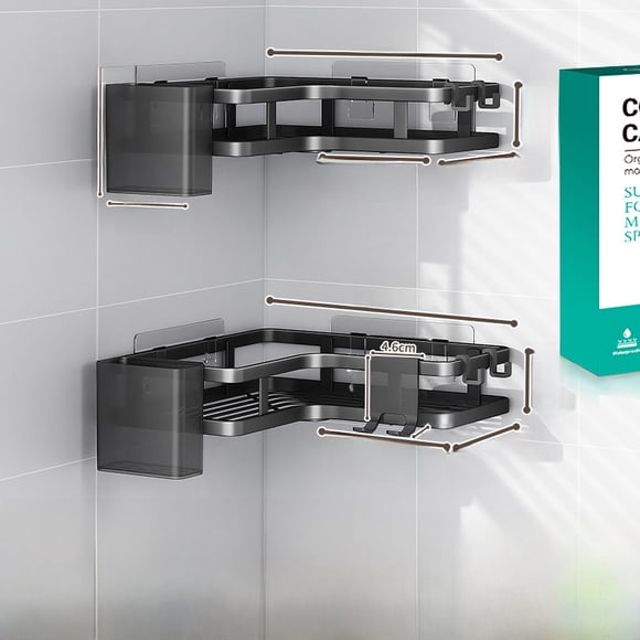 Étagère d'Angle Noire à Double Couche : Organisateur Mural Sans Perçage pour Salle de Bain, Cuisine, Balcon et Toilette – Résistant à la Rouille, Gain de Place, Construction Robuste avec Grand Espace de Rangement pour