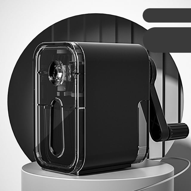 LSLJS Pencil Sharpener Black Manual Pencil Sharpener with a robust helical blade for fast sharpening, suitable for kids, school, classroom, and home use. Features a black plastic body, transparent shavings box, and adjustable knob for pencil tip diameter. Compact size of 8.5x8.2x4.7cm, ideal for sketching, drawing pencils, and artist tools.