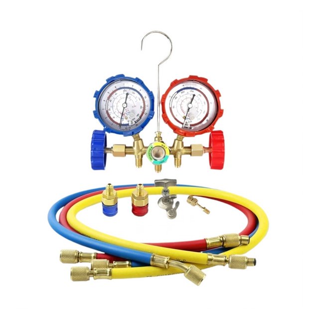3 Way Refrigerant Manifold Gauge Set With Hoses Adapter Adjustable Couplers, Charge Kit R134a R12 R22 R404A
