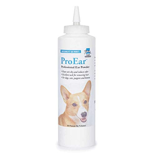 MPP Professional Pet Grooming Ear Powder Healthy Dog Cat Care 16oz squeeze bottle trio, front-facing studio shot of three white 16 oz squeeze bottles with printed MPP labels and black/blue text indicating ear powder for dogs and cats; product for ear hygiene and odor control, often used by groomers to remove ear hair and keep ears dry.