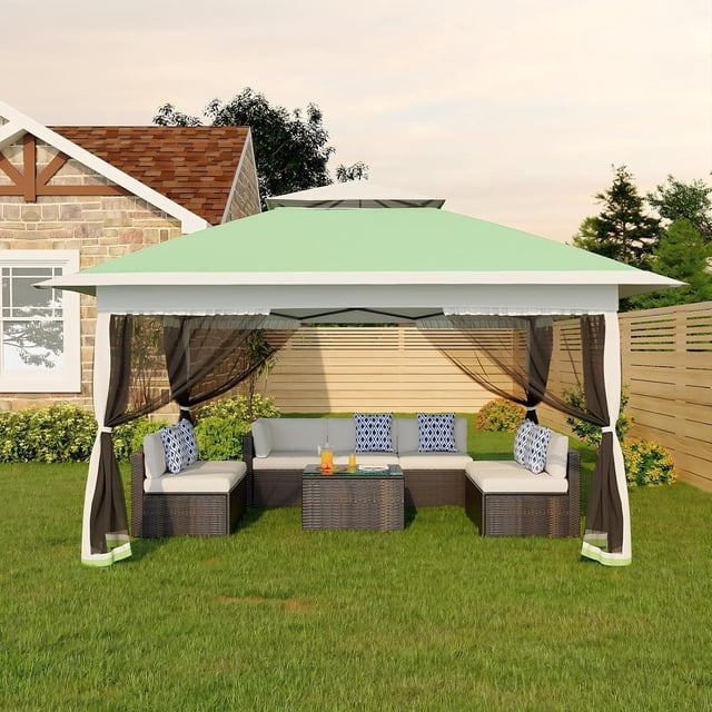 Abri de Jardin Pliante 13 X 13 Pi, Imperméable et Résistante aux UV, avec Moustiquaire, 3 Hauteurs Réglables, Installation en une Pression et 4 Sacs de Sable pour Cour Arrière, Jardin, Patio, Vert