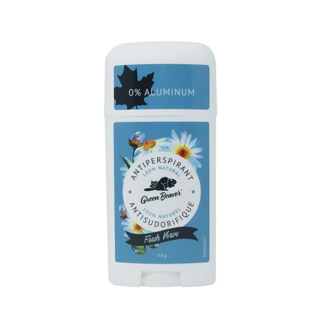 Green Beaver 100% natural Antiperspirant Fresh Verve in a white stick container with a blue label featuring daisies and a black beaver logo, 0% aluminum, 50g, hypoallergenic and dermatologist tested for 24-hour natural odor and wetness protection.
