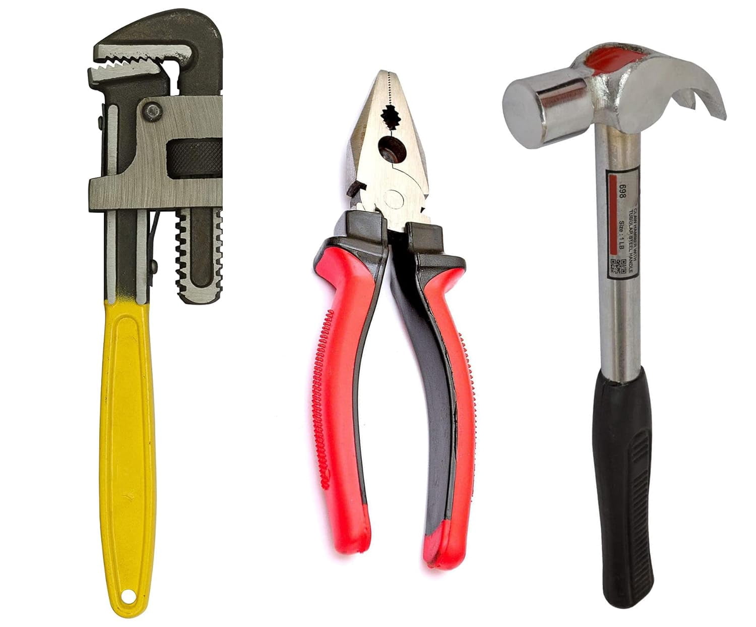 Hand Tool, Hand Tools Kit | For Home Use, Hand Tools Set, Tools Combo With 12" Pipe Wrench, Claw Hammer & Combination Plier For Mechanics, Vehicle Tool Kit Set | Alloy Steel, Accessories