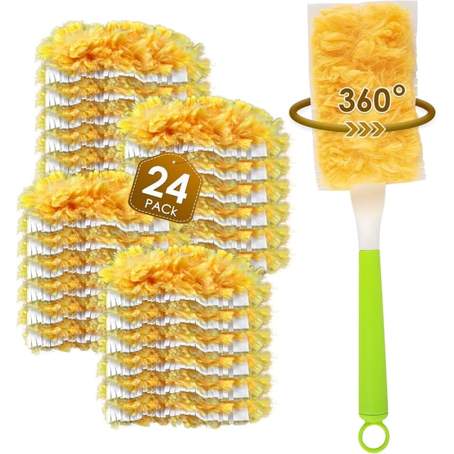 24 Count Feather Duster Refills for Swiffer Dusters Handle, 360 Degree Multi-Surface Duster Refill Kit with 1 Extra Handle, Disposable Dust Removal Brush Heads for Electronics Furniture, Car Interior