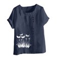 thumbnail image 4 of QATAINLAV Hauts en Coton et Lin pour Femmes 2025 Col Ras du Cou Manches Courtes Retroussées T-Shirt Tendance à Imprimé Floral Blouse Décontractée Coupe Ample Tenues de Vacances Ventes Prime Liquidation Bleu Marine P, 4 of 5