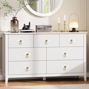 Dressing fluted pour chambre, 54 De pouce large 7-Drawer Dressing en bois, Commode moderne de tiroirs, Armoire d'organisateur de rangement pour salon, Hallway, Entrée, Blanc