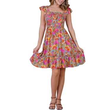 INSPIRE CHIC Floral Smocked Dress for Women's Sleeveless Square Neck Ruffled Dress S Sage Green