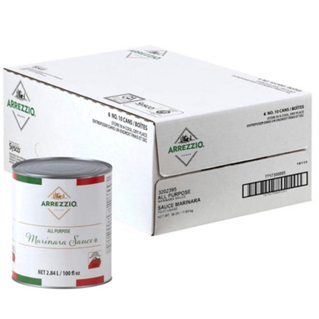 Arrezzio Classi Marinara Sauce All Purpose 2.84L (6.00 lbs) 6/Case. A case of six 105-ounce cans of thick, chunky tomato sauce with visible tomato dices, oil, and spices. The deep red-orange sauce is packed in non-BPA intent cans and is ready-to-use for pasta, pizza, lasagna, and dipping sauces. Kosher certified, allergen-free, and made from fresh California-grown tomatoes, this pantry food is perfect for tomato sauce applications.