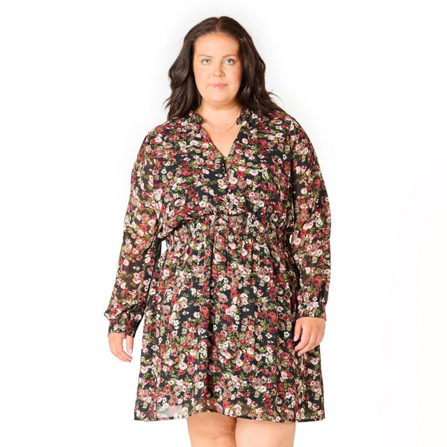 Devoted Women’s Plus size L/S smocked waist mini dress with button down front