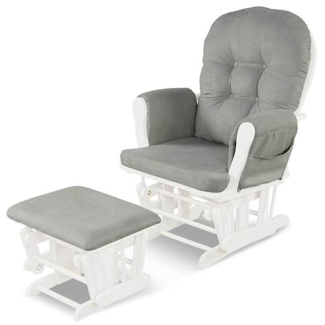 Gymax Glider and Ottoman Cushion Set Wood Baby Nursery Rocking Chair in light grey. The set includes a glider chair with a high backrest, padded armrests, and soft microfiber fabric cushions, paired with a matching ottoman. The chair features a sturdy rubber wood and bentwood frame with a smooth gliding mechanism supported by ball bearings. The ottoman provides synchronized gliding for added comfort. Ideal for nurseries, living rooms, or bedrooms, this set is designed for reading, napping, or babysitting. Dimensions: Glider - 29.5'' x 28.5'' x 39.5''; Ottoman - 19'' x 15'' x 15''.