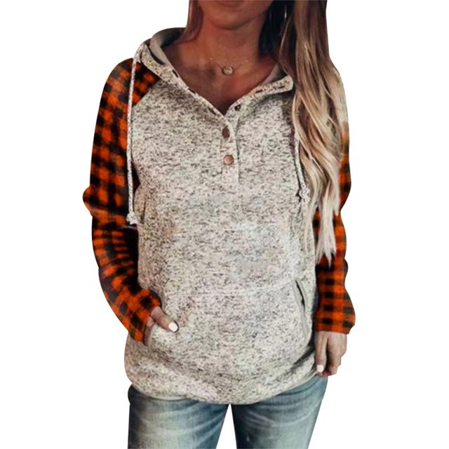 MAWCLOS Ladies Hoodies Button Dwon Pullover Drawstring Sweatshirt Casual Kangaroo Pocket Long Sleeve Hooded Tops Grey Orange S