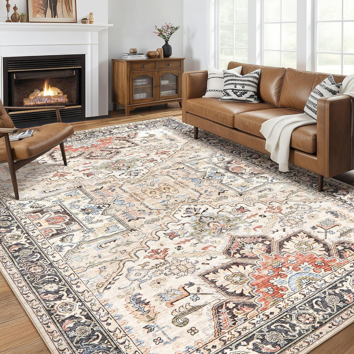 9x12 Area Rug Living Room Rugs - Soft Machine Washable Oriental Vintage Floral Distressed Rug Large Indoor Floor Carpet for Bedroom Under Dining Table Home Office Decor-Multi