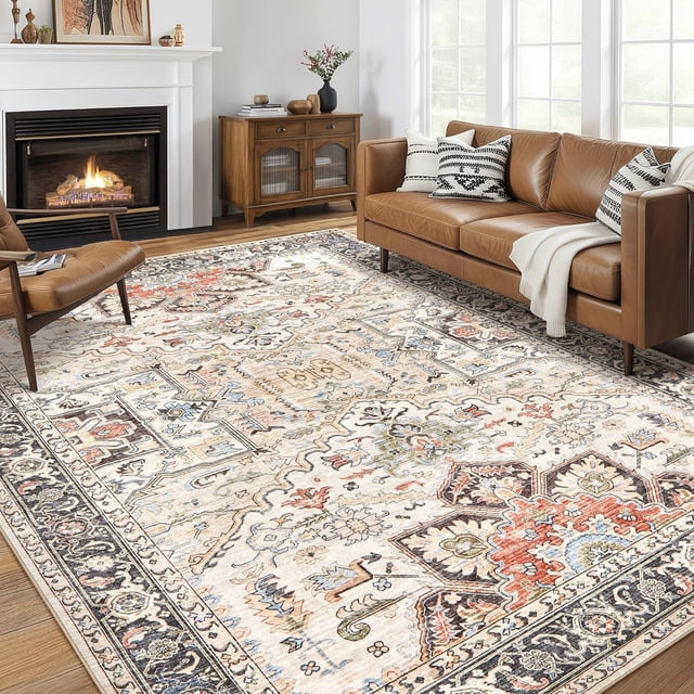 9x12 Area Rug Living Room Rugs - Soft Machine Washable Oriental Vintage Floral Distressed Rug Large Indoor Floor Carpet for Bedroom Under Dining Table Home Office Decor-Multi