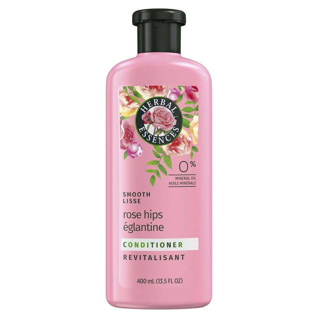 Herbal Essences Rose Hips Revitalisant Lissant en Bouteille Rose de 400 ml avec Bouchon à Rabat Noir, Décoré de Motifs Floraux de Cynorhodon et Étiqueté Huile Minérale 0 %, Formulé pour Lisser et Revitaliser les Cheveux Tout en Rehaussant la Brillance.