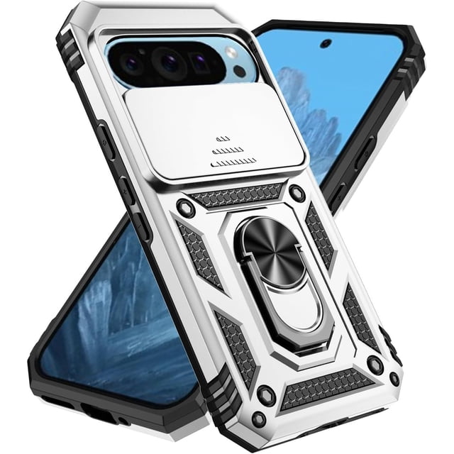 KOMI Designed for Google Pixel 9, Military-Grade Drop-Proof Case with Sliding Camera Cover and Ring Kickstand, Heavy Duty Shockproof Full Body Protective Phone Case, Silver