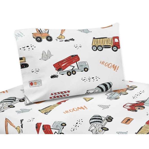 Sweet Jojo Designs Construction Truck Queen Sheet Set - 4 Piece Set - Grey Yellow Orange Red and Blue Transportation