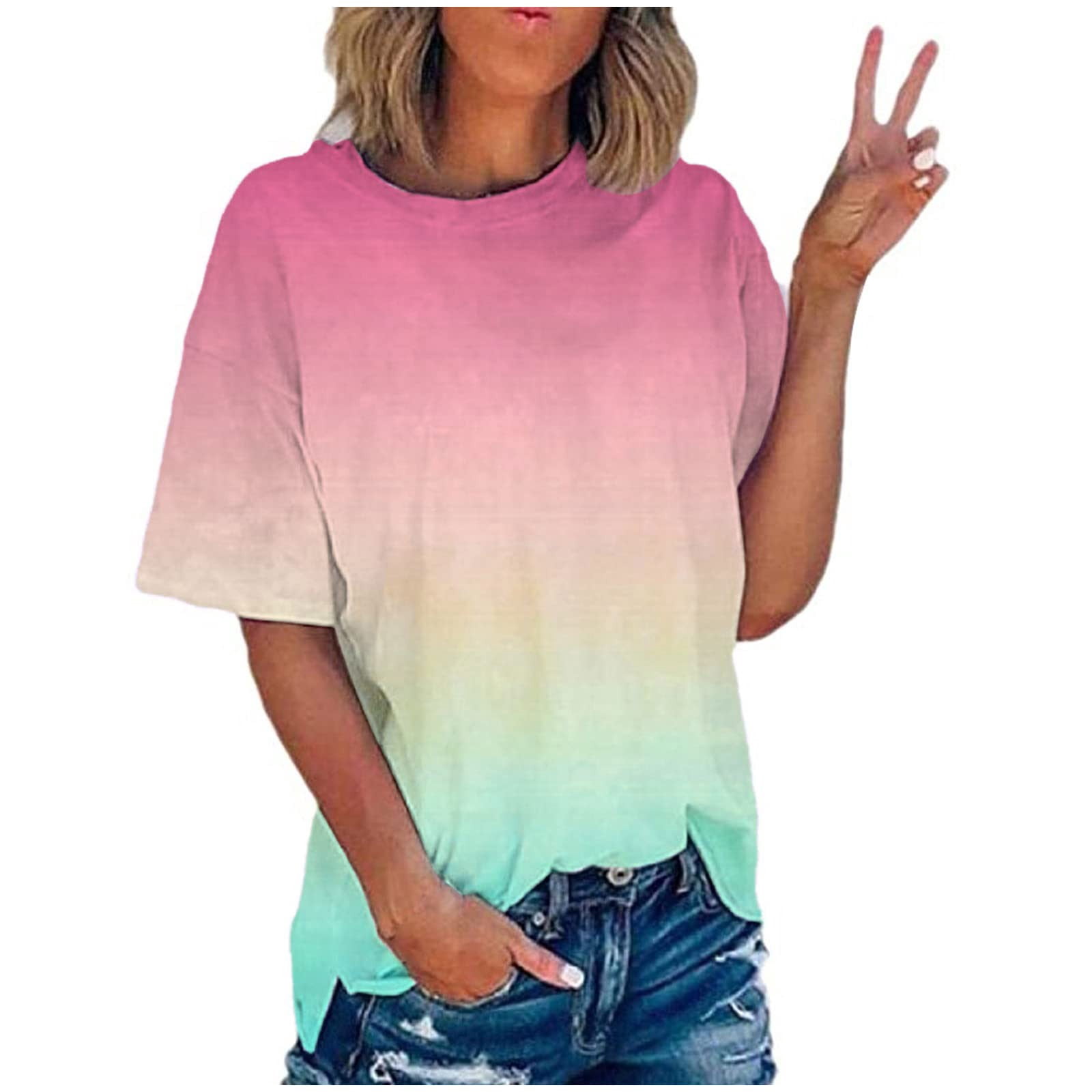 Timegard Plus Size Tops for Women Gradient Color Short Sleeve Round Neck T Shirts Casual Trendy Tunic Blouses