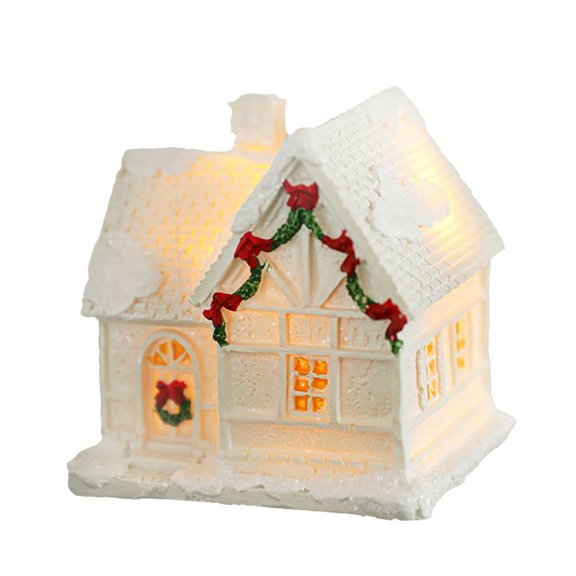 Décoration de Noël Maison Enneigée Lumineuse en Résine, Ornement de Bureau Cabane de Neige d'Hiver Blanc avec Lumière DEL Jaune Chaude, Cadeau des Fêtes Décor Microscape