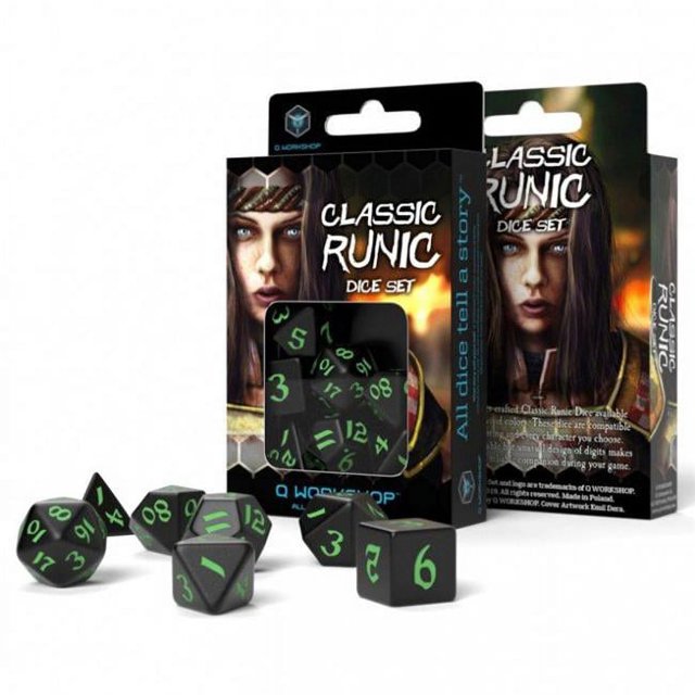 Q-workshop QWOSCLR21 dés Classiques Runic, Noir & Vert - Ensemble de 7