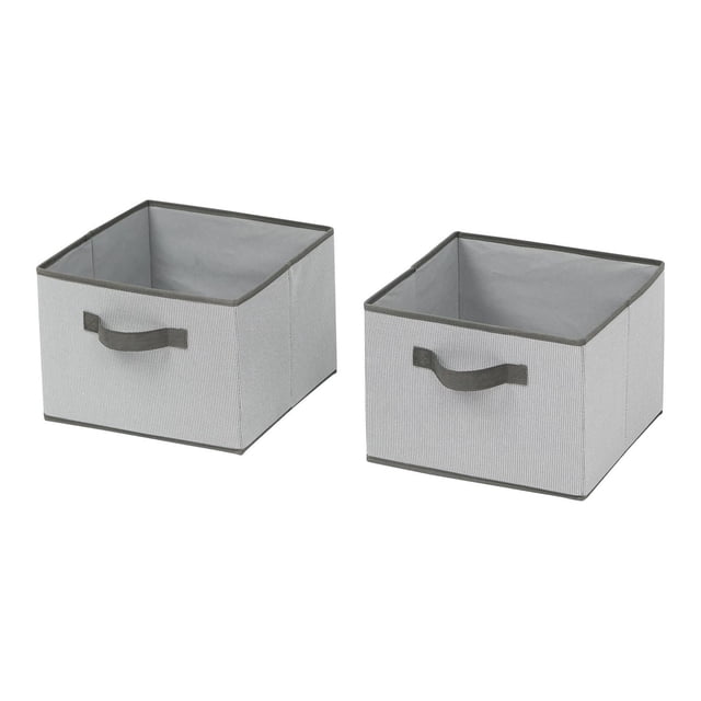 Mainstays 2PK Collapsible Drawers set of two grey polyester fabric bins with front handles, each measuring 11.25 by 11.25 by 8.25 inches, designed for hanging shelf closet organizers to store adult clothing and accessories, also suitable for compact storage in apartments or dorms.