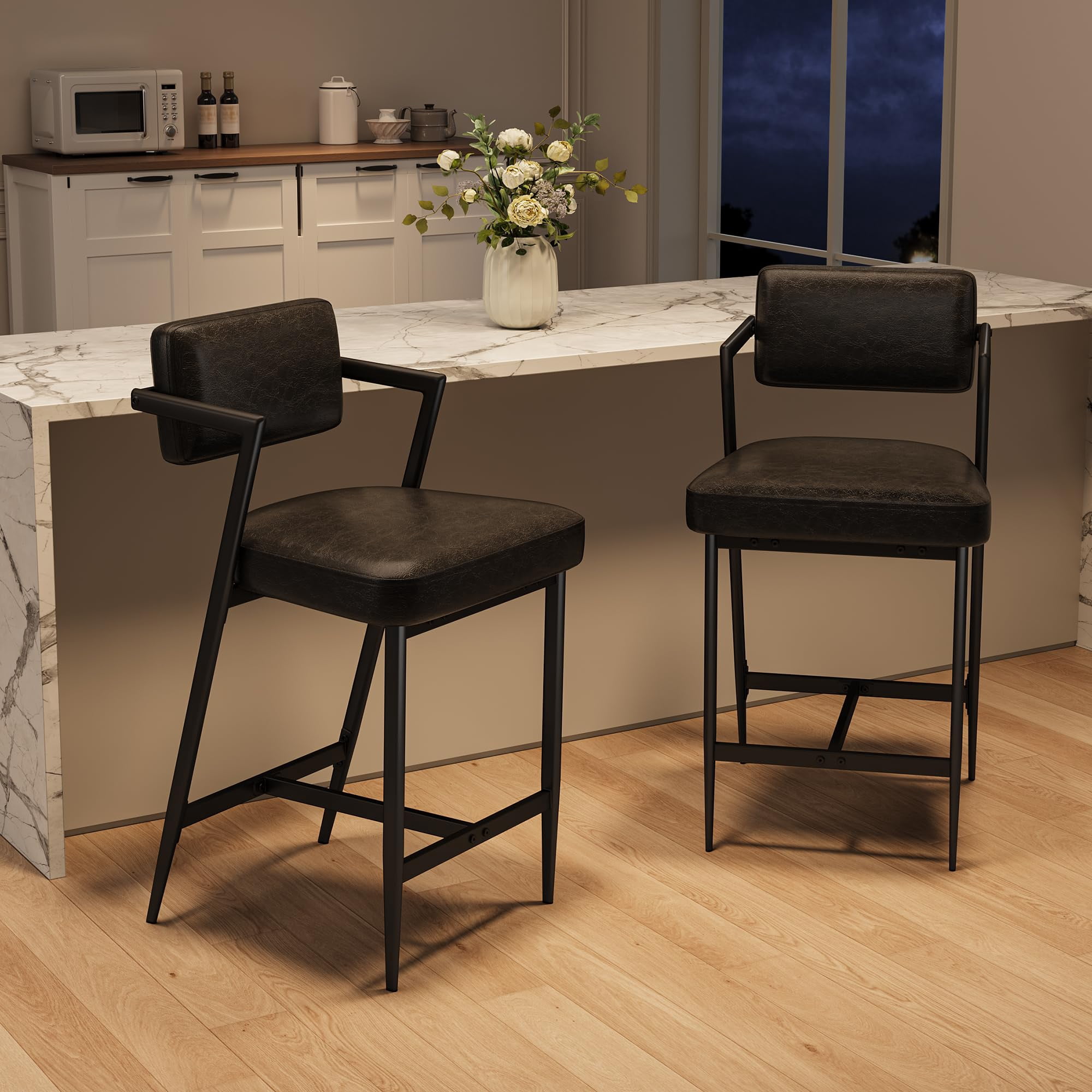 Bar Stools Set of 2, Counter Height Bar Stool with Backrest and Footrest, Upholstered Counter Height Barstools with Thick Cushion for Dining Room Kitchen Bar