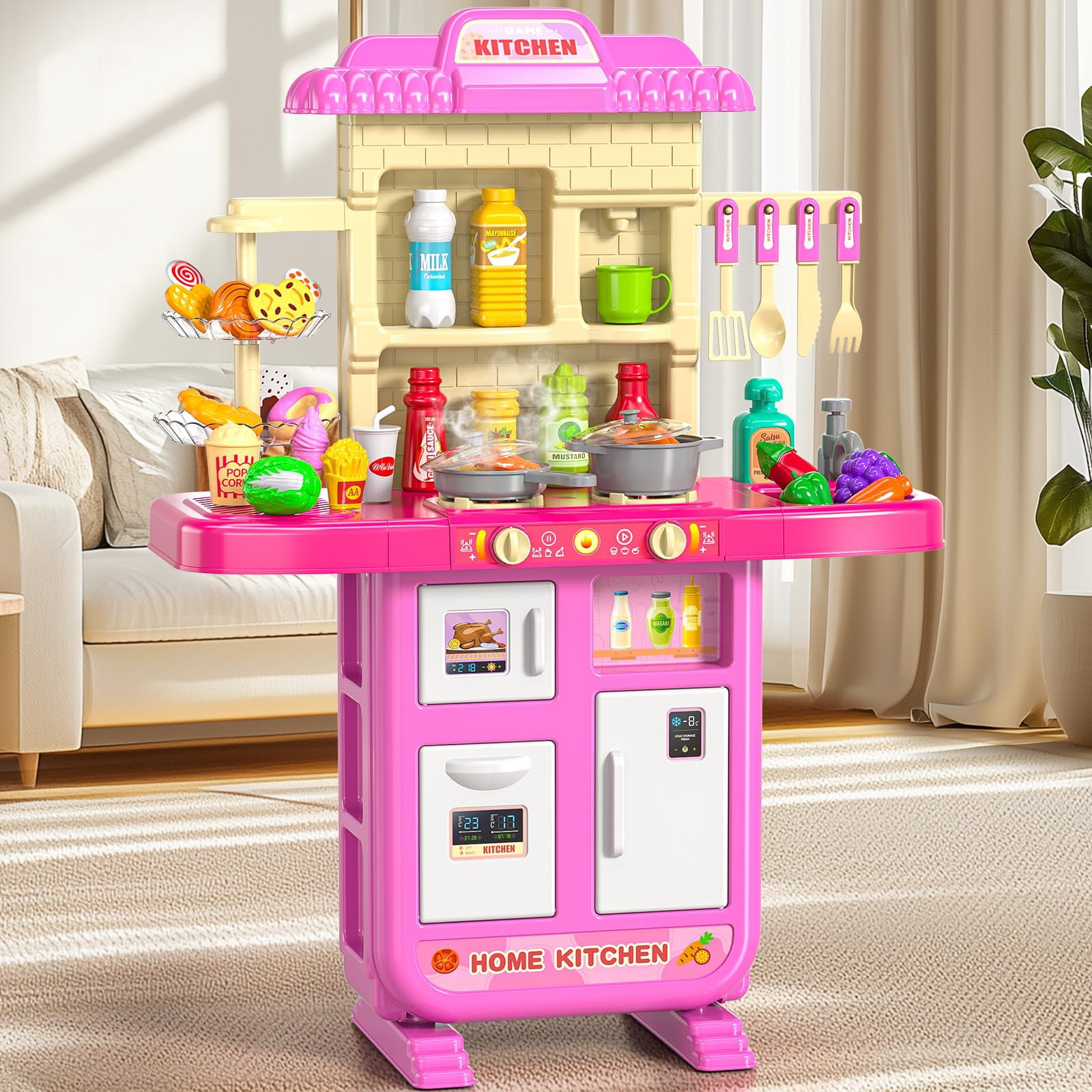 MSKOLER 36 in Kids Kitchen Playset for Ages 2-6 4-8, Play Kitchen with Light, Sound and Spraying, Sink Toy Accessories, Cooking Stoves, Pretend Food