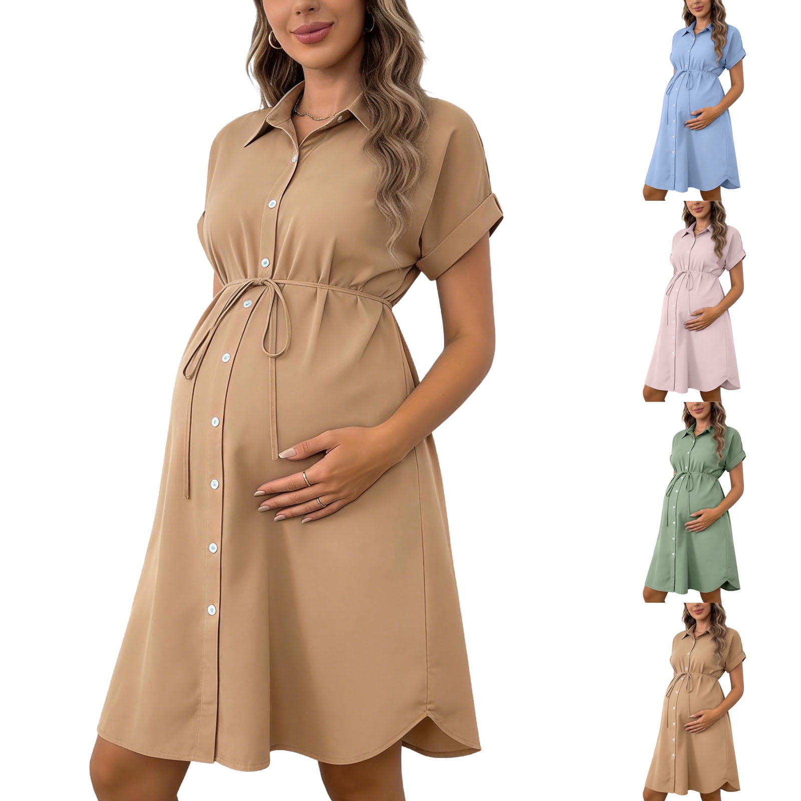 Jovati Maternity Dress for Women, Short Sleeve Turndown Collar Knee ...
