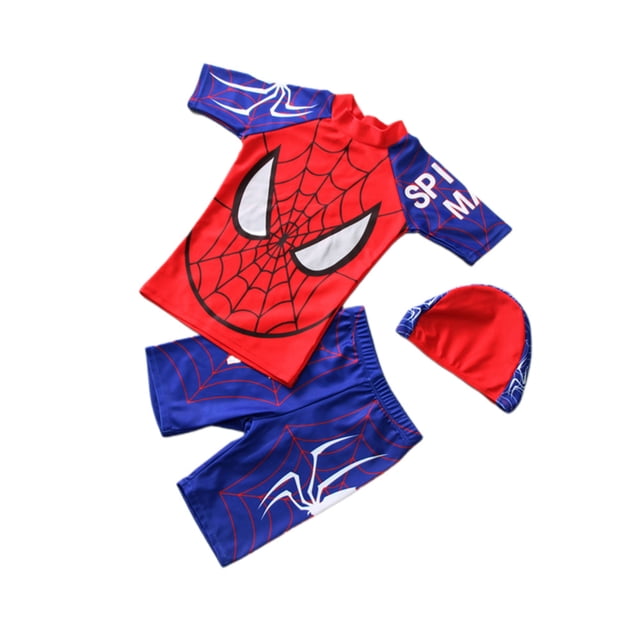 3Pcs/Set Kids Boys Swimwear Top+Pants+Swimming Cap Swimsuit with Cartoon Pattern. Includes a red and blue short-sleeve top with a spider web design, matching blue shorts with red web accents, and a coordinating swimming cap. Made of polyester, ideal for boys' swimming and wading activities.