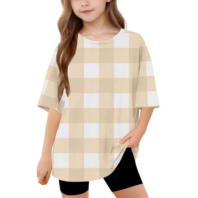 DecSea T-Shirt à Manches Courtes pour Filles, Été, Imprimé à Carreaux, Col Rond, Décontracté, Basique, 5-14 Ans