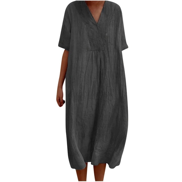 Birdeem Robe Décontractée à Manches Courtes en Coton et Lin Uni Col en V Printemps et Été pour Femmes