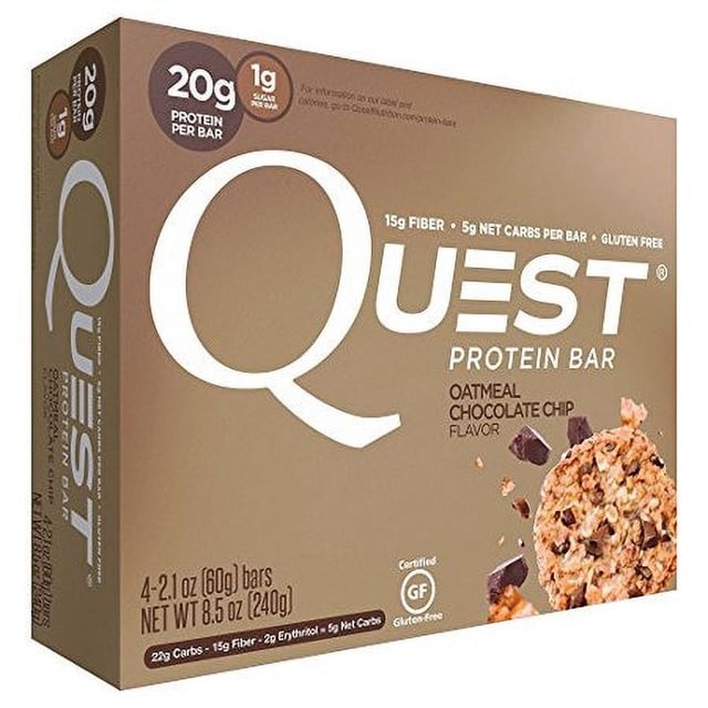 Quest Nutrition Barre Protéinée, Gruau et Pépites de Chocolat, 4 Unités. une Boîte de Barres Collation avec Saveur de Gruau et Pépites de Chocolat, 20 g de Protéines et 1 g de Sucre par Barre. certification Sans Gluten Affichée sur l'Emballage.