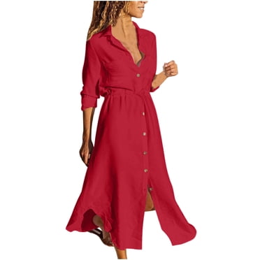 Cameland Women's Solid Color Single Breasted Lapel Drawstring Shirt Dress Cotton Linen Dress