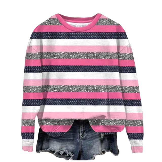 Pisexur Chandails en Molleton pour Femmes Col Rond Rayé Automne Chandails en Molleton Mode Décontracté Ample Pull Chandail en Molleton Manches Longues Chemises pour Femmes Blouses Surdimensionnées Hauts Sans Capuche