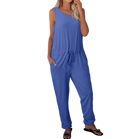 Cathalem Combinaisons d'Été pour Femmes Décontractées une Pièce Justaucorps Body Sans Manches Tenues d'Entraînement Yoga Mode Camisole, Bleu P