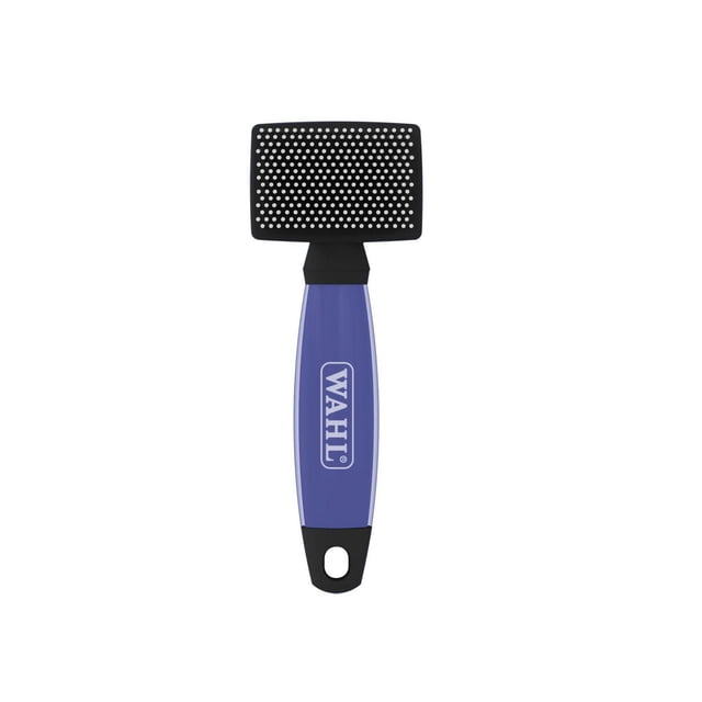 Wahl Dog Nylon Gel Slicker Brush - Small with a rectangular black head featuring white rounded nylon pins that prevent skin scratching, and a blue ergonomic gel handle with the Wahl logo, suitable for all dog coat types to remove loose hair and light knots, also ideal for massaging shorter coats.
