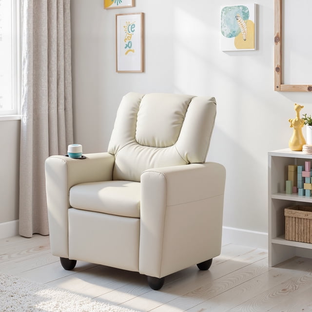 Costway Fauteuil Inclinable pour Enfants avec Porte-Gobelet et Poche Latérale Dossier et Repose-Pieds Réglables Beige