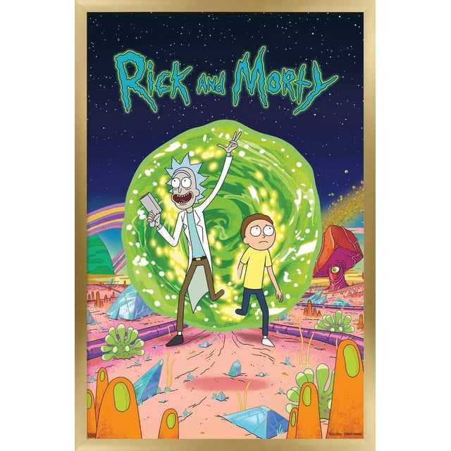Rick And Morty - Affiche Murale de Couverture, 22,375 Pouces x 34 Pouces Représentant des Personnages Animés Rick And Morty Se Tenant Debout devant un Portail Tourbillonnant Vert Lumineux sur un Paysage Extraterrestre vibrant avec des Cristaux et des formations de Roches Colorées sous un Ciel Nocturne Étoilé, Imprimée sur Papier Lustré, Convient à la Déco Maison et à l'Art Mural.